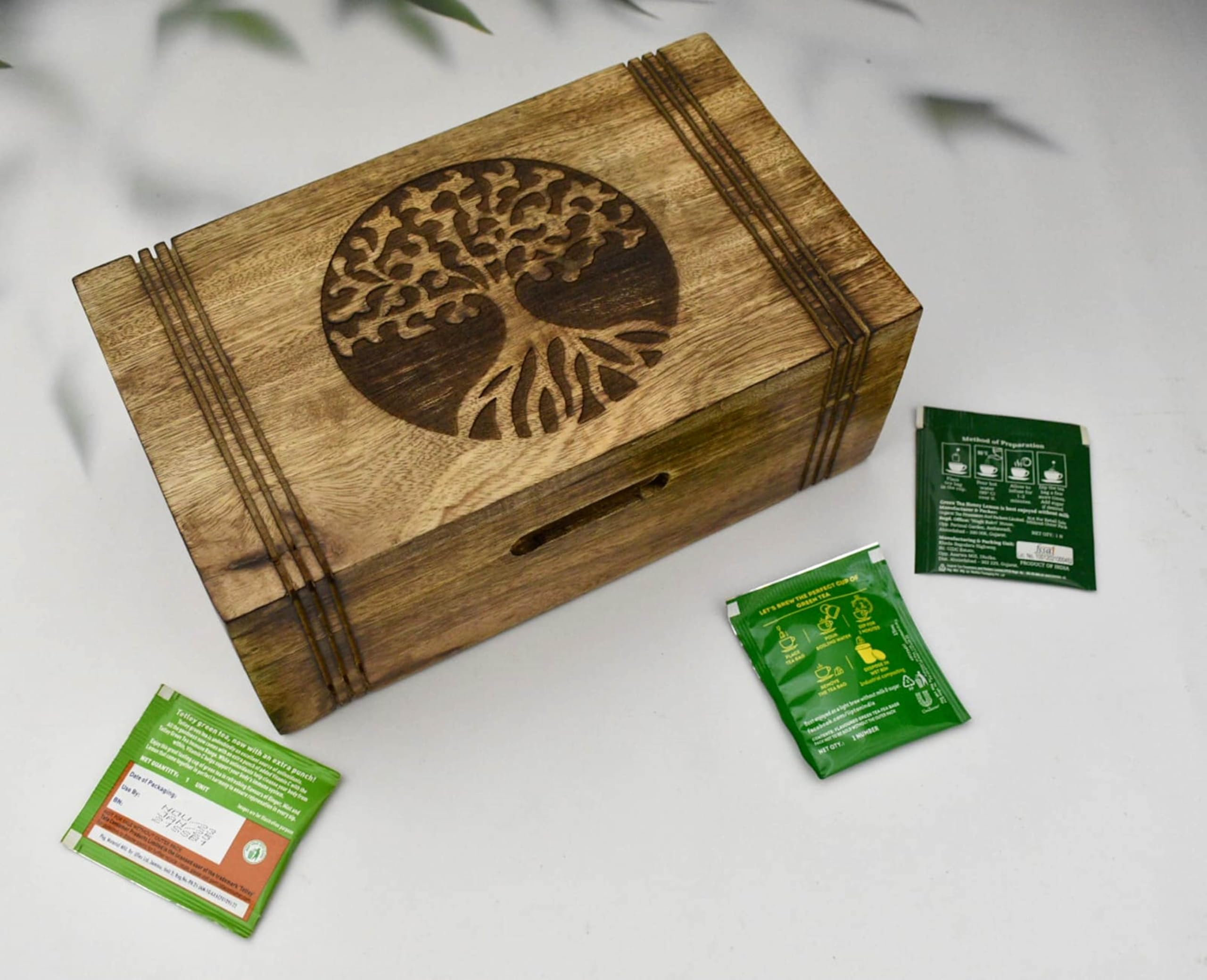 Teebox aus Holz – Teebox für Teebeutel Organizer – Gravierte Teetruhe aus Hartholz mit 6 Fächern – Tee-Aufbewahrungsbox Multifunktional – Holz Teebox Organizer – 25,4 x 15,2 cm (6 Fächer)
