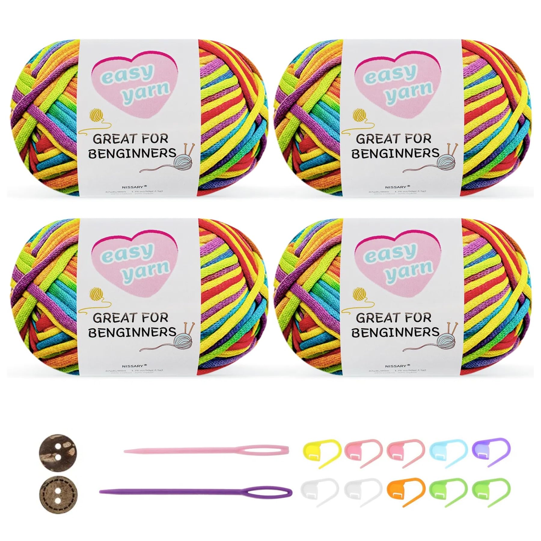 Nissary Chunky Crochet Yarn Kit for Beginners Thick Wool Cotton Amigurumi Yarn 4x50g Chunky Wool for Knitting Ideal Easy Crochet Starter Kit for All Your Crochet Projects (4-Rainbow)