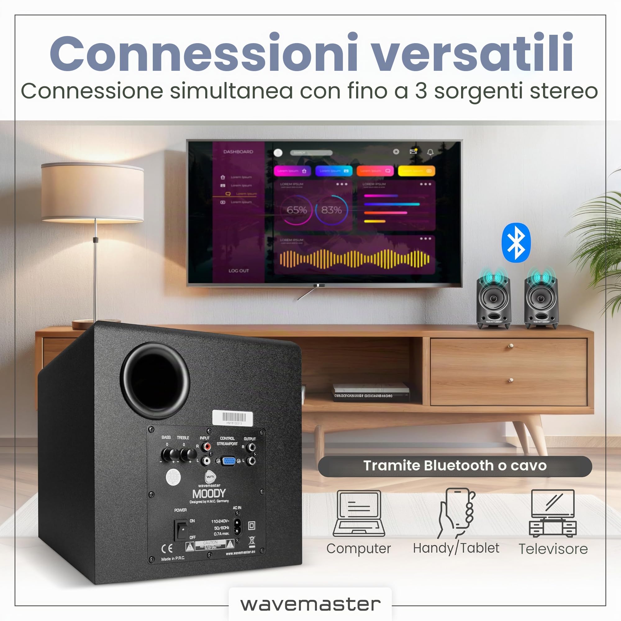 Wavemaster 66206 Moody Bt 2.1 Sistema di Altoparlanti (65 Watt) con Utilizzo di Casse Acustiche Streaming Bluetooth per Tv/Tablet/Smartphone/PC Color Nero