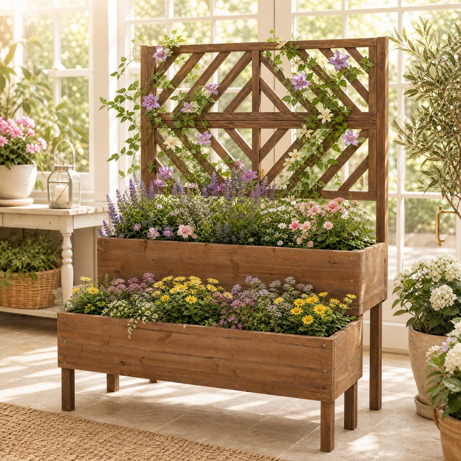 HOMASIS Jardinière avec grille en bois pour l'extérieur, treillis à 2 étagères, plantes grimpantes en sapin, drainage, 109 x 62 x 135