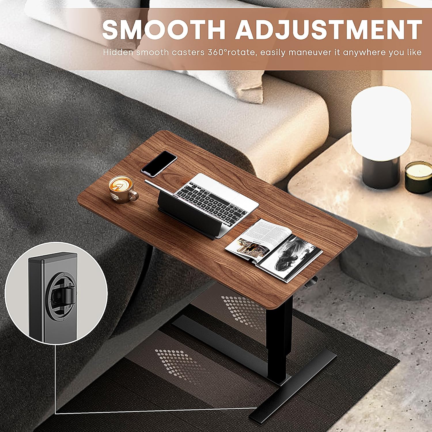 Adjustable Overbed Bedside Table with Wheels, Hospital Bed Table Extra-large 31.1" x 15.3",Tray Table for Home Use, Mobile Bedside Table ,Walnut Brown - Image 4