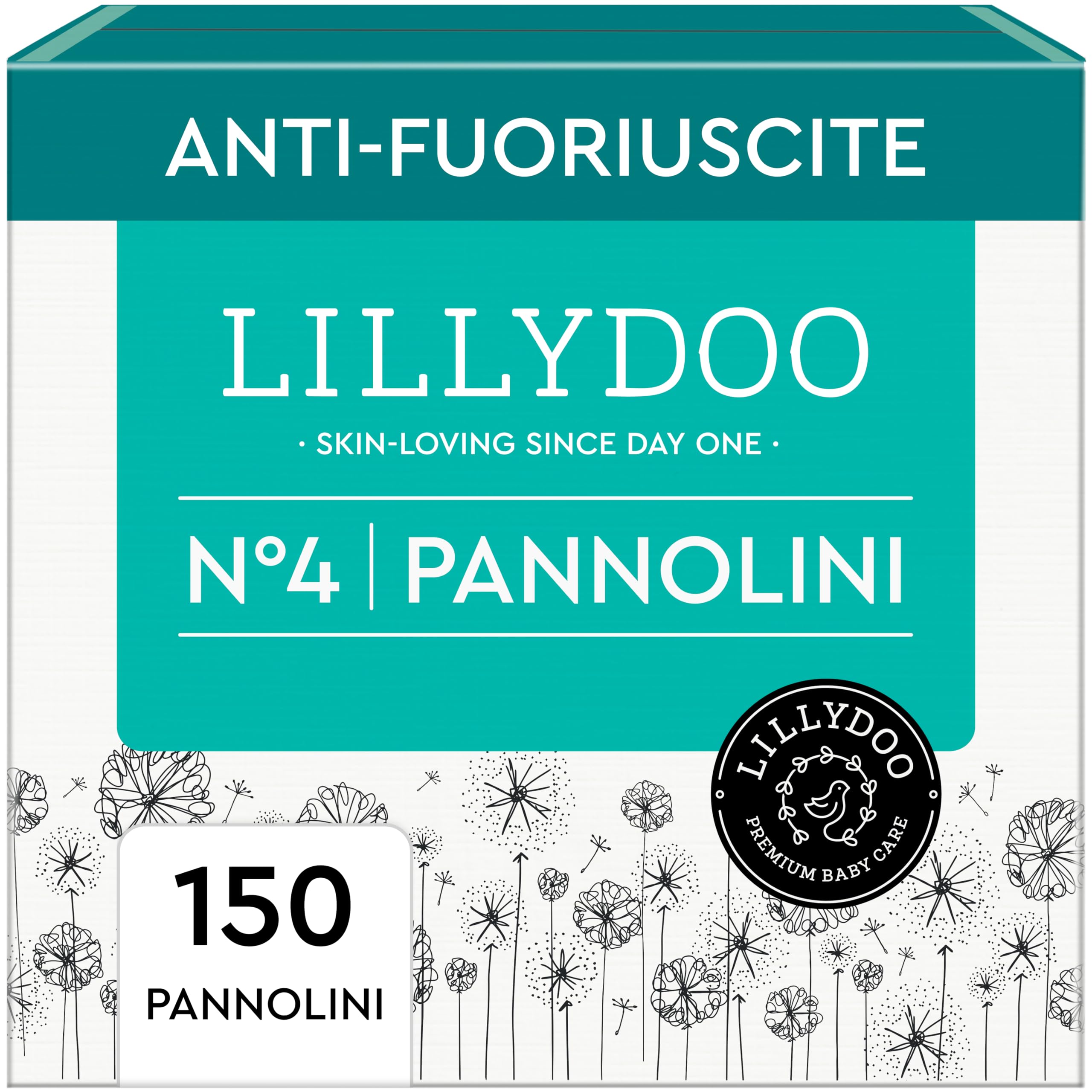 Pannolini LILLYDOO delicati sulla pelle - taglia 4 (9-14 kg), pacco scorta (150 unità), protezione contro le fuoriuscite, morbidi, senza profumi & lozioni e dermatologicamente testati
