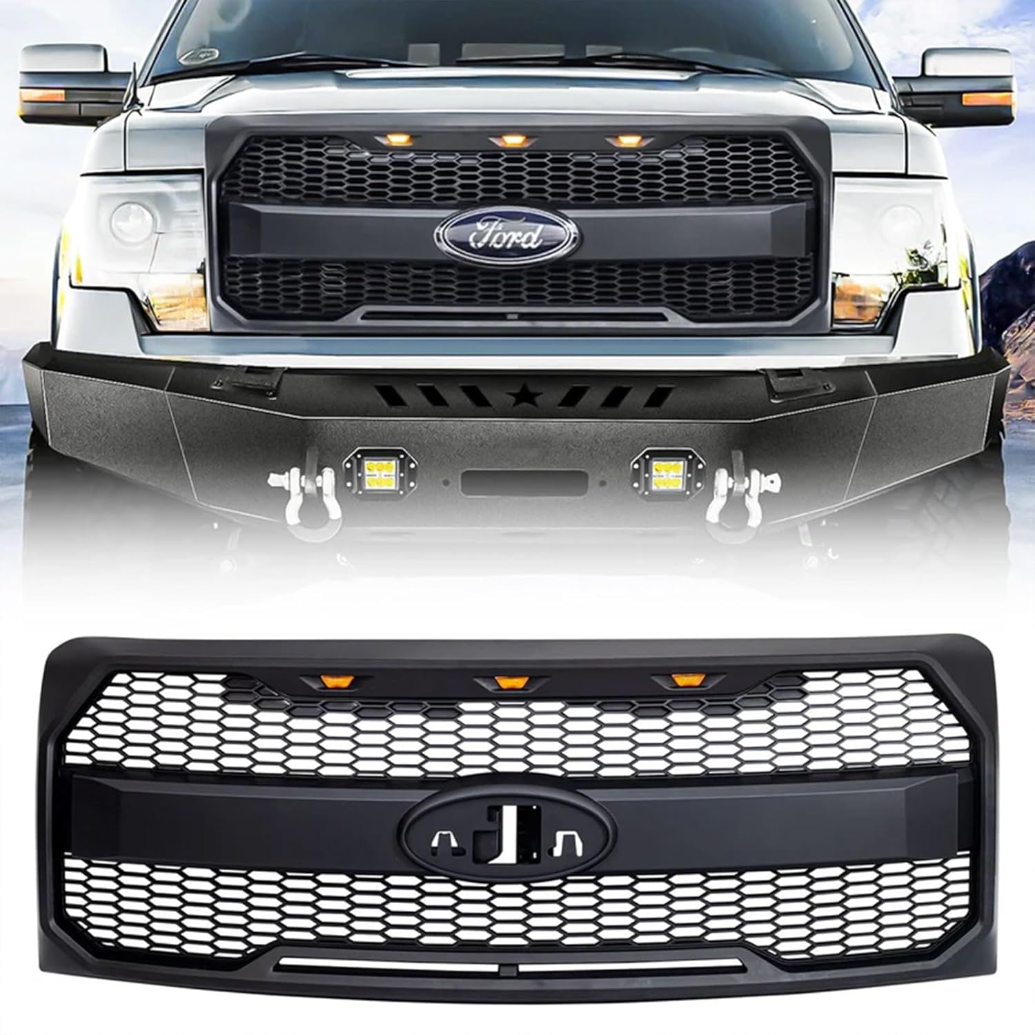 AMERICAN MODIFIED Raptor Style Mesh Grill with Amber LED Lights and Emblem Base Compatible with 2009 to 2014 Ford F150 Models, Matte Black
