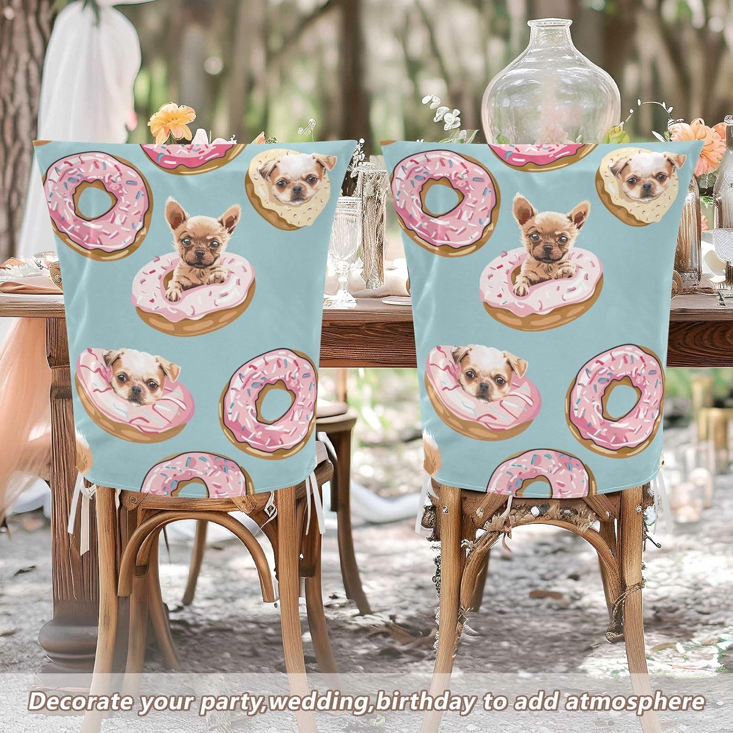 ALAZA Donuts and Cute Dogs Chair Back Cover Set of 6, Washable Reusable Removable Chair Slipcovers Decorative Chair Cover for Home Kitchen Wedding Party