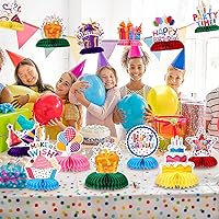 Vista 6 de 12 piezas de decoración de mesa de cumpleaños, coloridos centros de mesa de feliz cumpleaños, centros de mesa de nido de abeja para niños