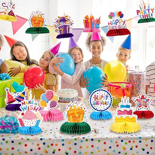 Miniatura 6 de 12 piezas de decoración de mesa de cumpleaños, coloridos centros de mesa de feliz cumpleaños, centros de mesa de nido de abeja para niños,