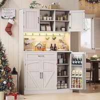 ONBRILL 71" Kitchen Pantry Cabinet with LED Lights, Power Outlet, Microwave Shelf, 6 Hooks & Adjustable Shelves