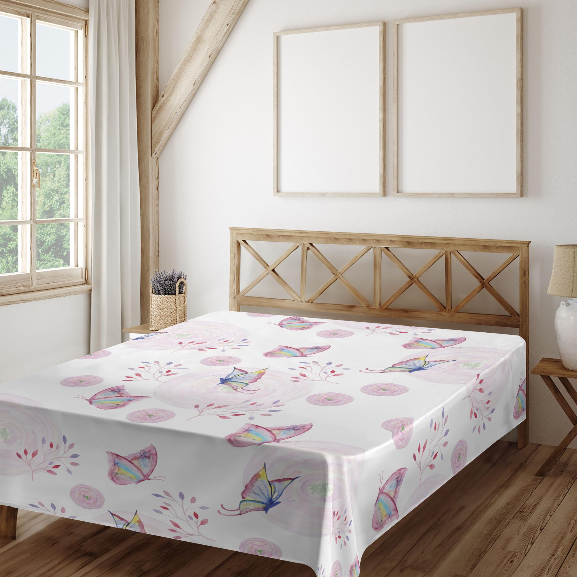 Ambesonne Butterfly Flat Sheet, Butterflies and Branches Romantic Spring Retro Faith Optimism Change Fly Theme, Soft Comfortable Top Sheet Decorative Bedding 1 Piece, California King, Pink White