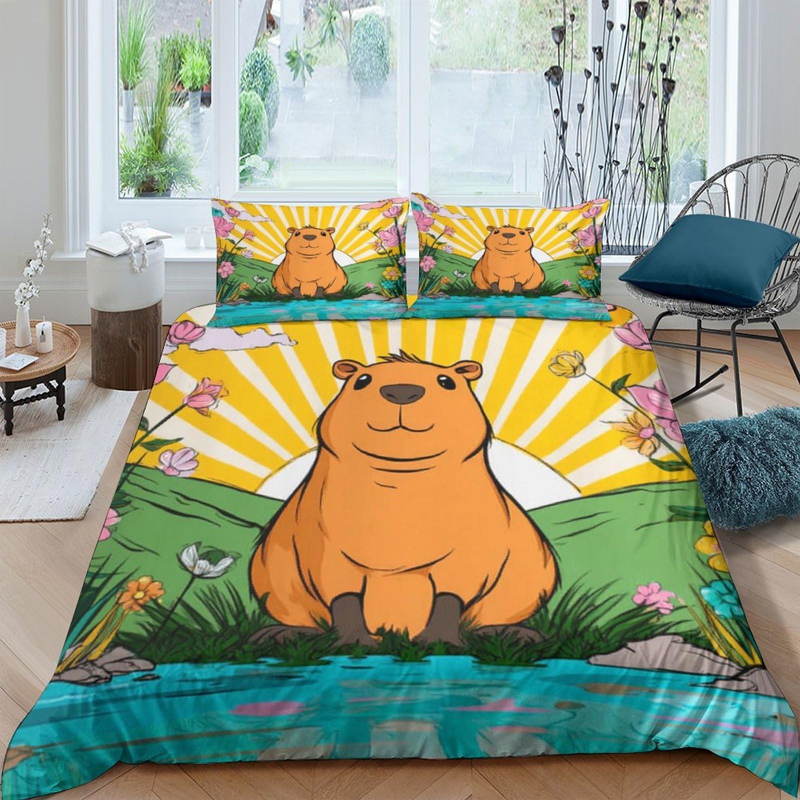 Ctjqhvkz Style-6 3D Printed Capybara Sunrise Fitted Sheet Microfiber Anti-Slip Bed Sheet For Bedroom Guest Room Decor Easy Care Single（135X200cm）