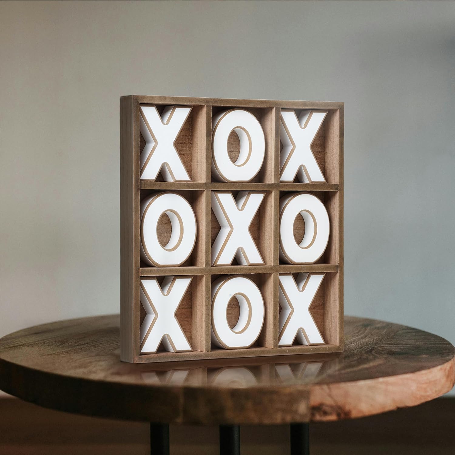 American Art Decor Wood Tic Tac Toe Board Game for Coffee Table - Modern Farmhouse Decorative Wooden Adult Tabletop Set for Living Room or Family Room (Brown/White), 11.8" x 11.8"