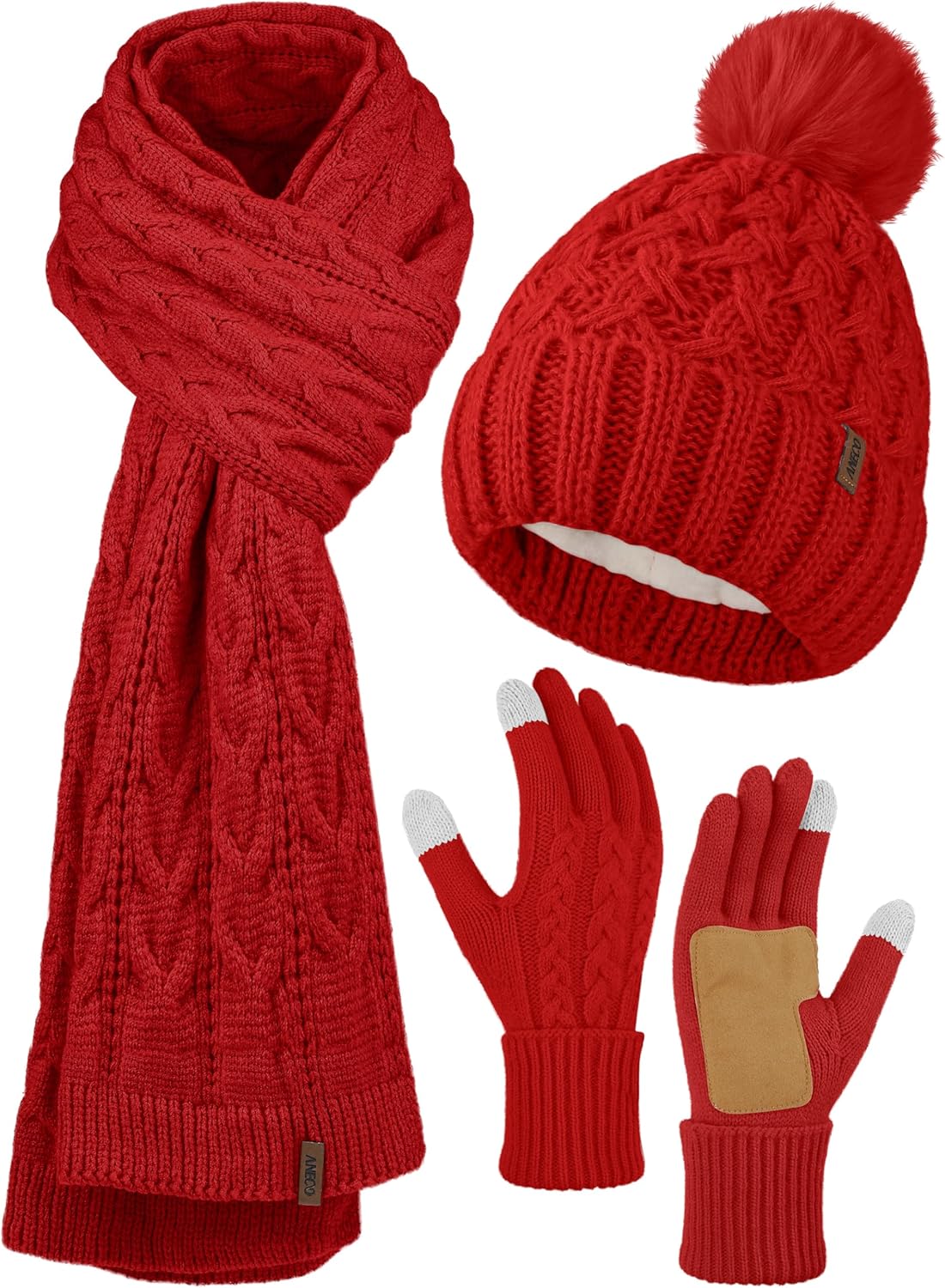 Aneco Women Winter Beanie Hat Scarf Gloves with Pom Pom Fleece Lined Touchscreen Gloves Set Thick Warm Knit Cap 3-in-1 Set