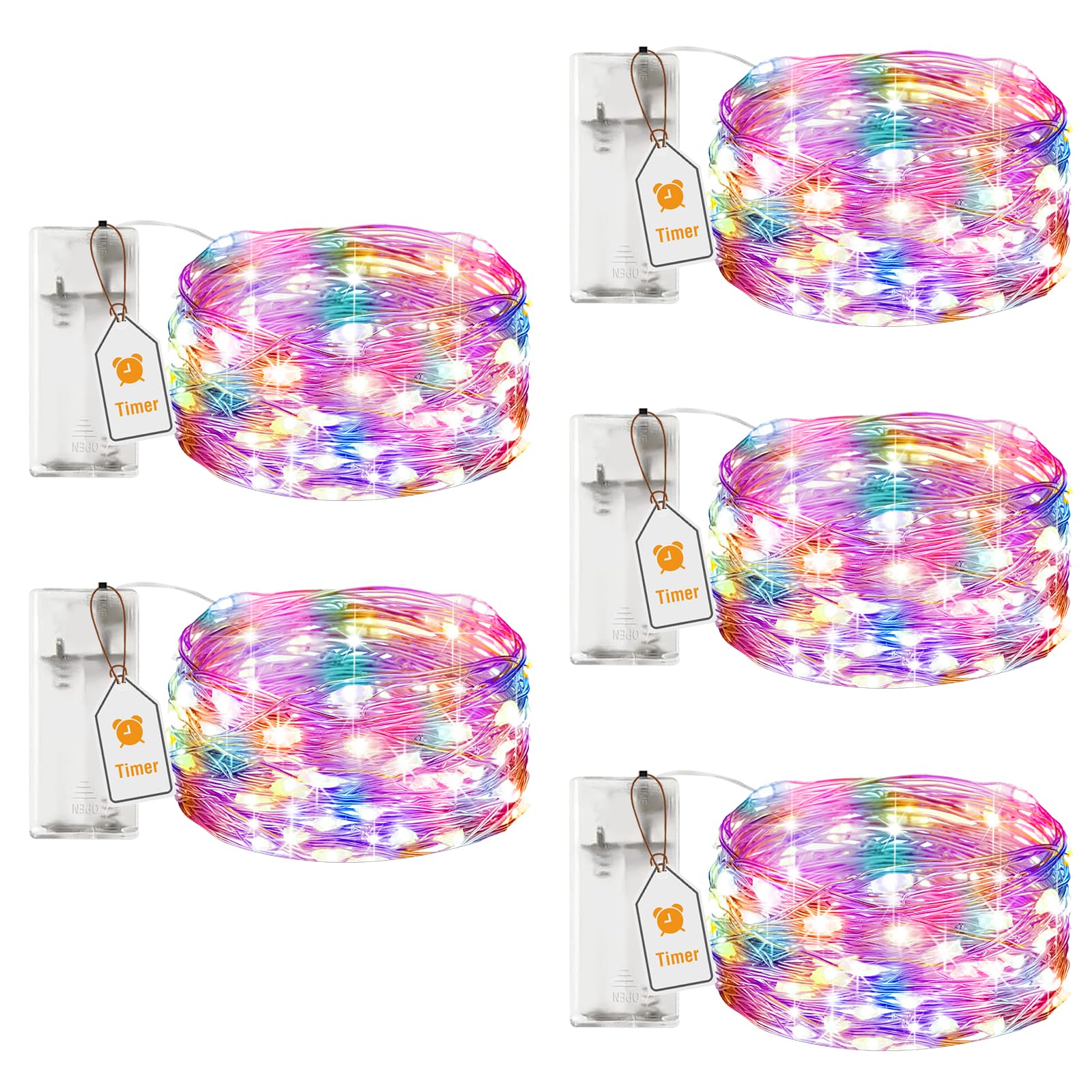 Muiltvoe Coloured 5 Pack Fairy Lights Battery Operated With Timer, 2M 20Led Mini Sliver Wire String Lights Waterproof, Small Diy Christmas Lights Indoor For Bottle Bedroom Party Tree,