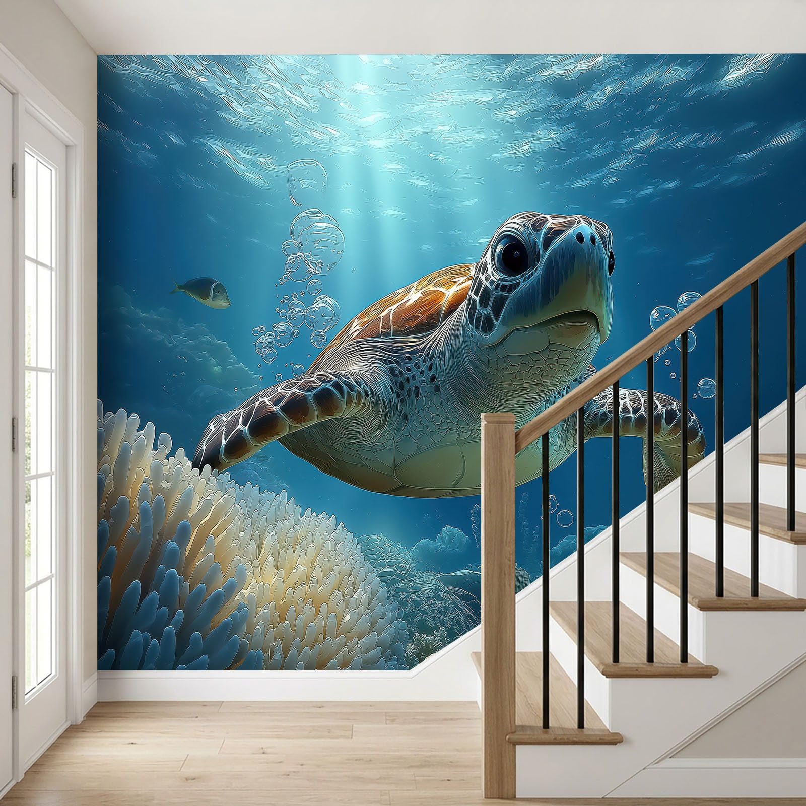 Papier Peint Panoramique 350 x 256 cm, Papier Peint Côtier Tropical Tortue De Mer Corail Bulles Poissons, Fresque Murale Intissée – Décoration Murale Pour Salon, Chambre, Bureau