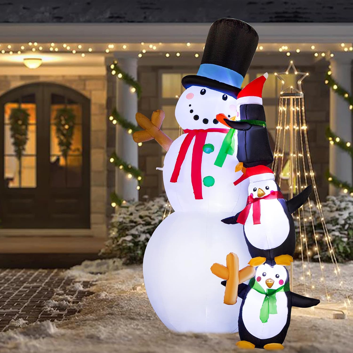 Hoojo 8 FT Christmas Blowups Decoration Outdoor Lighted Inflatable Snowman and Penguin Built-in LED for Holiday Lawn, Yard, Garden