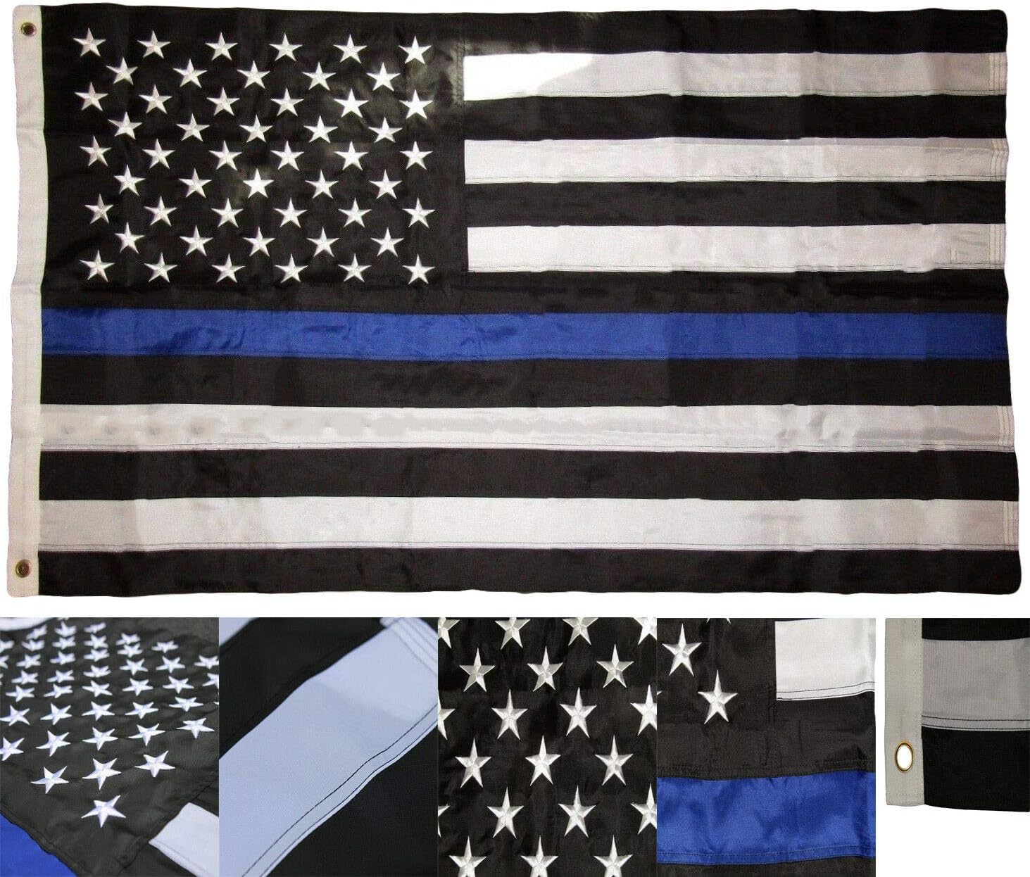 10x15 FT USA Thin Blue Line American Flag Police Memorial Law Enforcement 210D Premium Quality Heavy Duty Fade Resistant (Embroidered Stars + Sewn Stripes) Grommets
