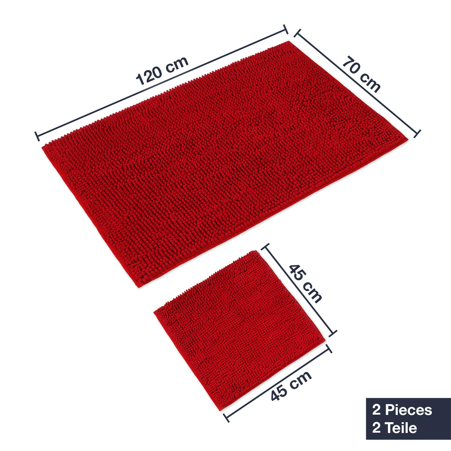 WohnDirect, Paris, Set di tappetini da bagno, 2 pezzi, di grandi dimensioni, antiscivolo e lavabile, tessuto morbido, Rot, 70x120cm + 45x45cm ohne WC-Ausschnitt