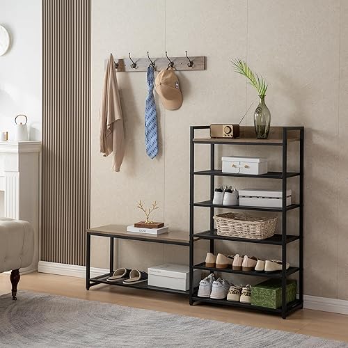 Miniatura 6 de Juego de banco de zapatos de 6 niveles, banco de entrada con 6 ganchos, perchero, árbol de pasillo y almacenamiento de zapatos para entrada,