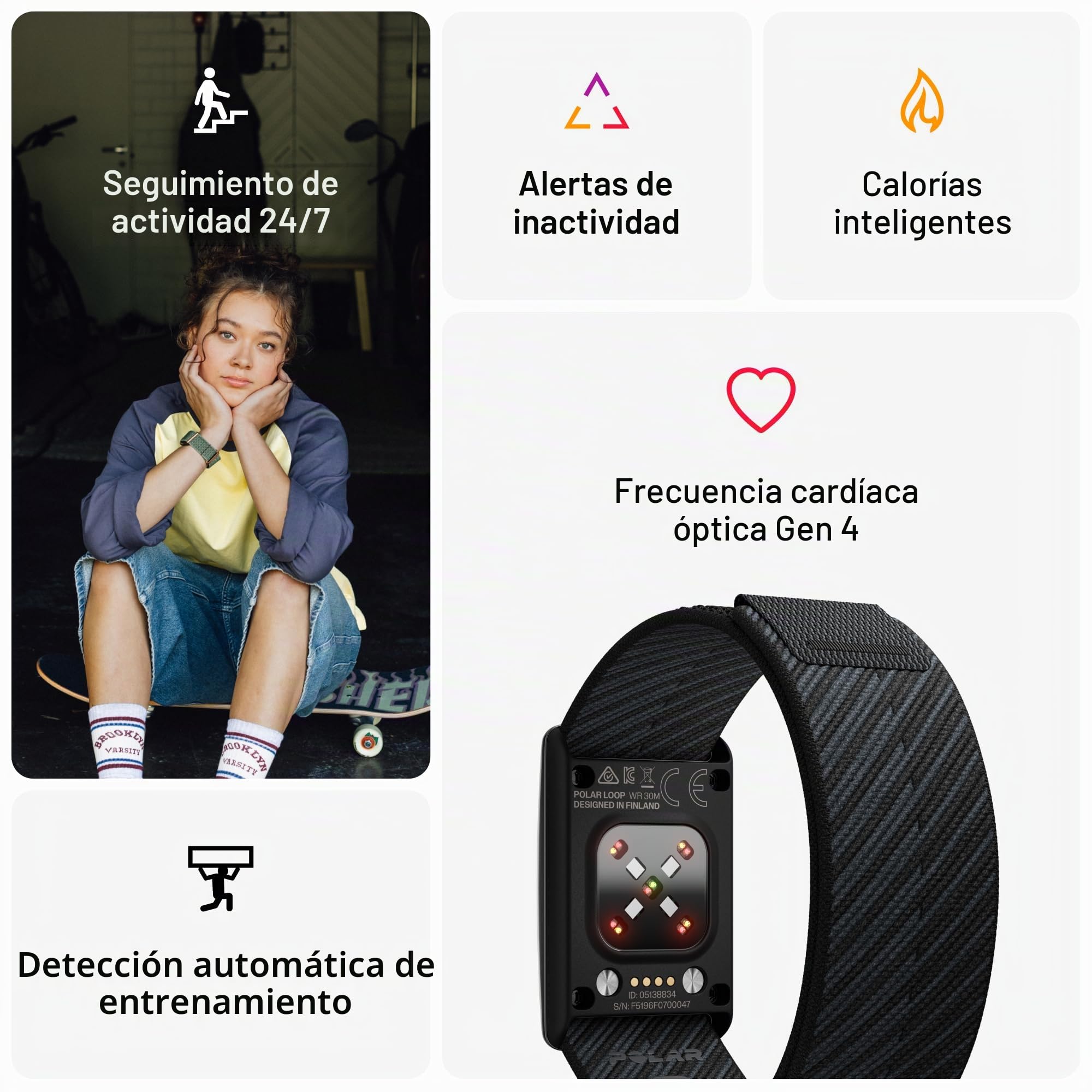 Polar Loop: Banda de Salud y Fitness usable sin Pantalla Inteligente con frecuencia cardíaca 24/7, monitoreo de sueño y Actividad, detección automática de Entrenamiento, sin suscripción, batería