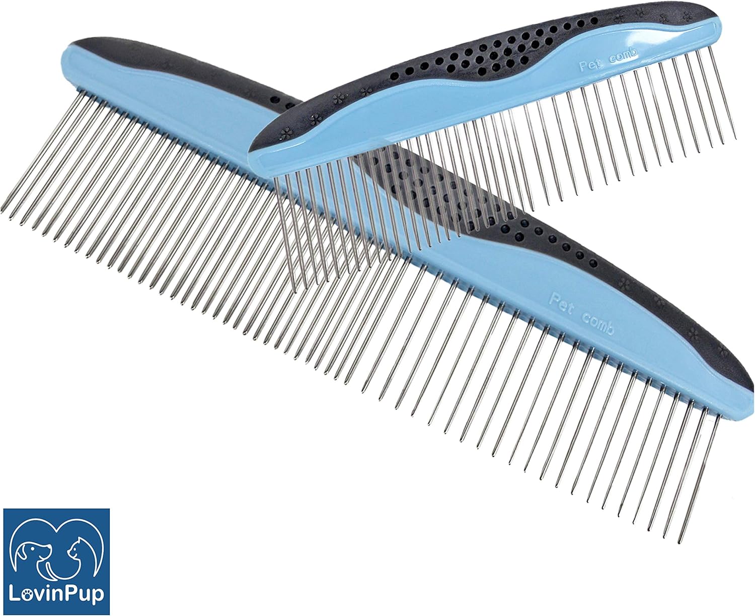 LovinPup 2 Pack Pet Combs for Grooming Dogs and Cats, Stainless Steel Rounded Edge Comb Teeth, Good for Long or Short Haired Pets, Large Pet Comb and Small Pet Comb Included