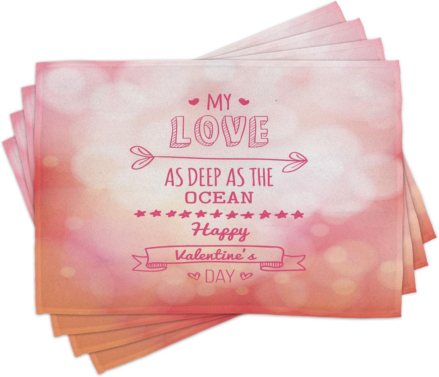 Ambesonne Valentines Day Place Mats Set of 4, Color My Love Deep as The Ocean Romantic Her Star Hearts Arrow, Washable Fabric Placemats for Dining Table, Standard Size, Pink Coral