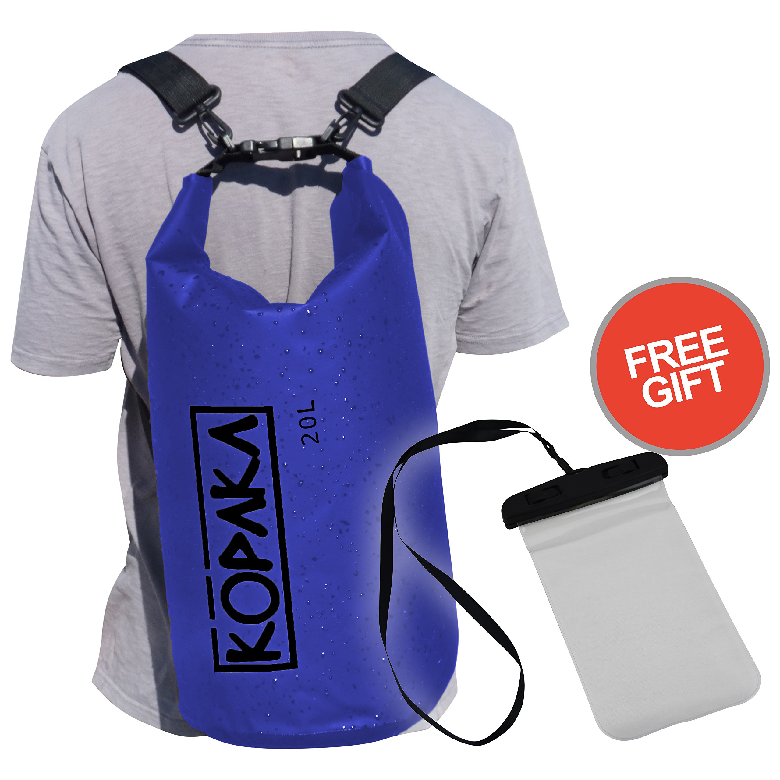 Waterproof Dry Bag Backpack (20L) by Kopaka - Lightweight Sports, Adventure Travel Bag with 2 Shoulder Straps (Blue)