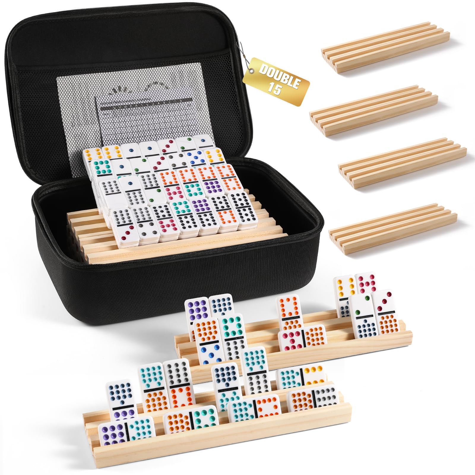 uvcany Mexican Train Dominoes Set with 8 Wooden Trays/Racks, Double 15 Dominos Travel Set with 8 Tiles Holders, 136 Tiles Double 15 Colored Dominoes Game Set with Zippered Case for Family Kids