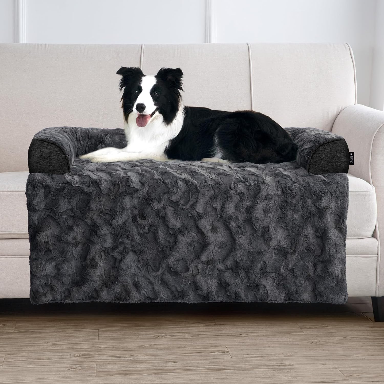 Calming Large Dog Bed for Couch, 41 x 37 inch Removable Couch Cover for Dogs Washable, Non-Slip Fluffy Plush Dog Sofa Mat for Furniture Protector - Dark Grey Large Dark Grey