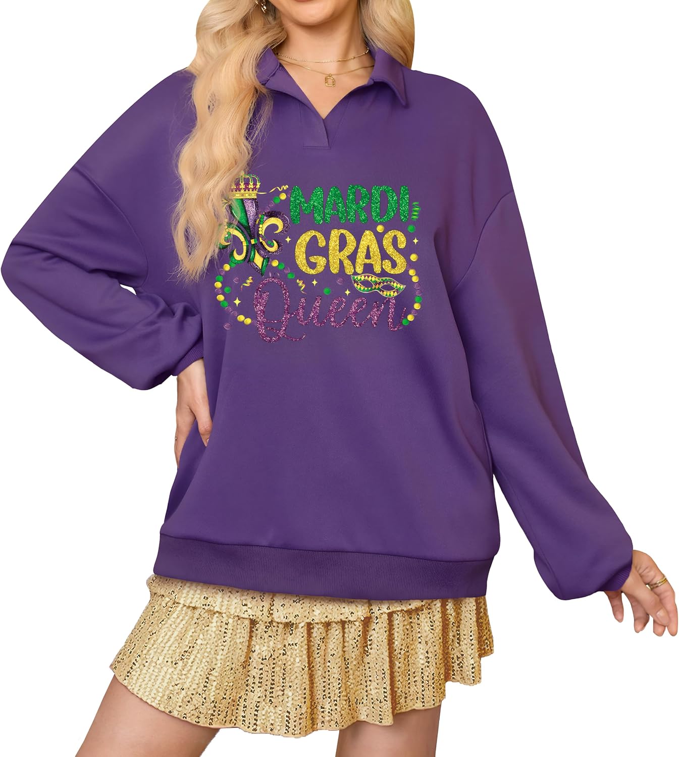 For G and PL Women's Carnival Long Sleeve Sequin Sparkle Glitter Polo Collar Top Shirt Sweatshirt Queen of Mardi Gras Purple S