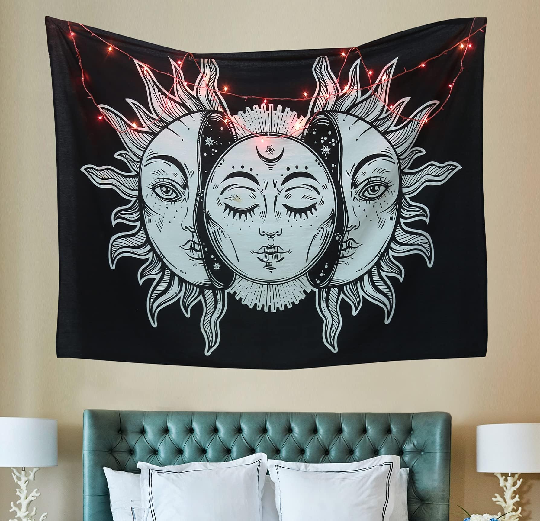 raajsee Psychedelic Burning Sun and Moon with Fractal Faces Tarot Wall hanging, Indian Cotton Throw, Black & White Mystic Tapestries Hippie Mandala, Yoga Mat Meditation 54x82 inch