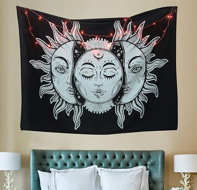 raajsee Psychedelic Burning Sun and Moon with Fractal Faces Tarot Tapestry Wall hanging,Indian Cotton Throw,Black & White Mystic Tapestries Hippie Mandala,Boho Bedding Yoga Mat Meditation 54x82 inch