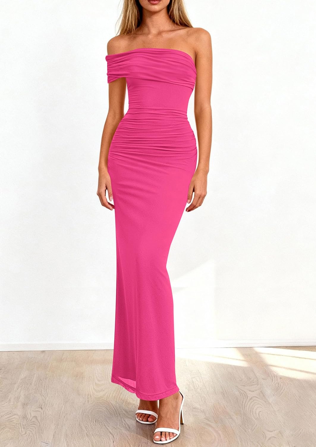 PRETTYGARDEN Women's 2026 Wedding Guest Cocktail Dresses One Off The Shoulder Ruched Bodycon Formal Maxi Party Summer Outfits - Image 3