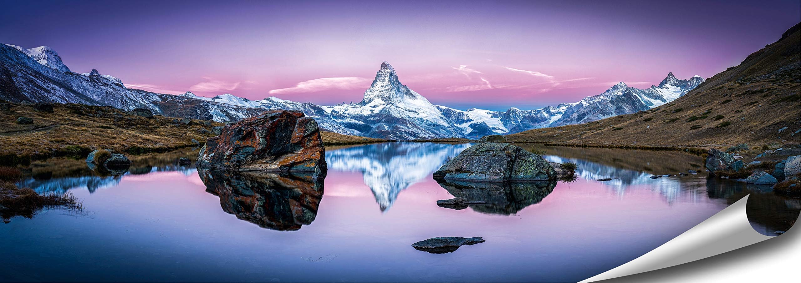 ARTBAY Mountains Poster HD XXL - 46.8 x 16.5 Inch (118.8 x 42 cm), Matterhorn and Riffel Lake, Zermatt, Switzerland | High-resolution wall decoration