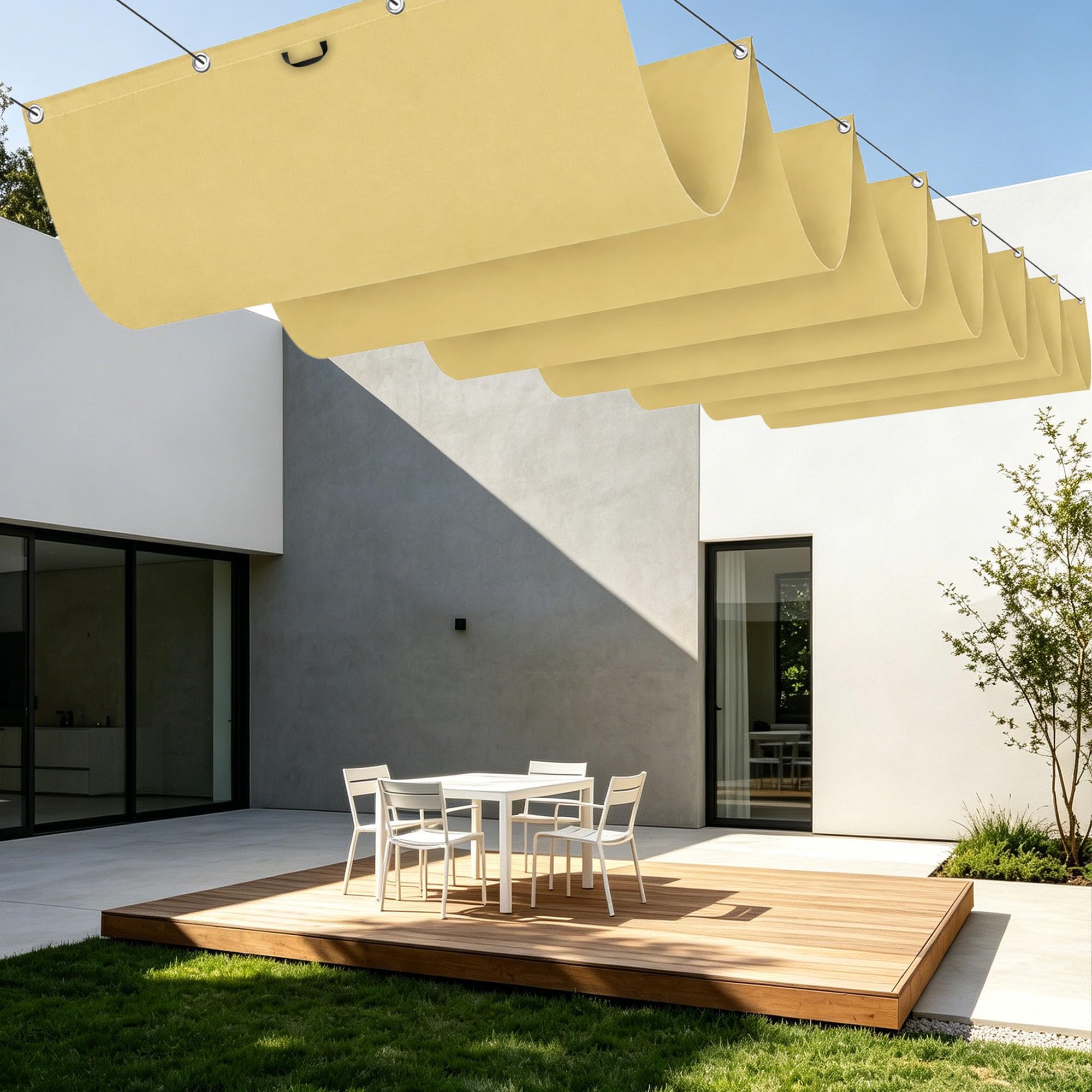 Toile ombrage exterieur vague jaune sable pour vos déjeuners sur le balcon