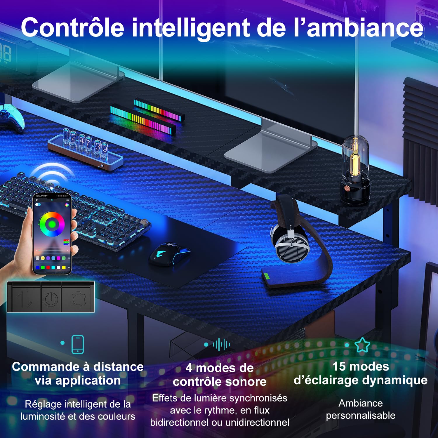 JUMMICO Bureau d'angle en Forme de L 135 cm avec lumières LED, Noir