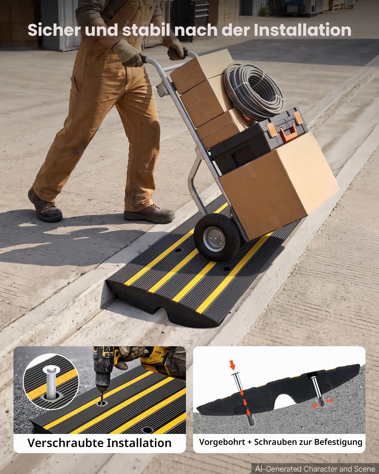 VEVOR Schwellenrampe Vollgummi Türschwellenrampe Max. Belastbarkeit 15Tonnen Bordsteinrampe mit 5,5x3,5cm Kanal Rollstuhlrampe 122x40,5x6,5cm Auffahrrampe Ideal für unebenen Boden Bordsteinkanten