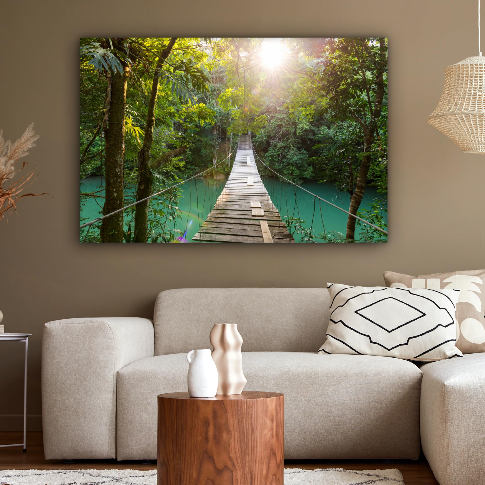MuchoWow© Impression sur Toile Peinture 120x80 cm Tableau Mural Decoration Salon Reproductions de Tableaux Murale Moderne Jungle - Eau - Pont - Nature - Plantes