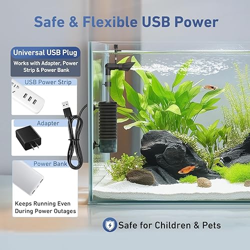 Miniatura 2 de AQQA Filtro USB para acuario DC 5 V Whisper Fish Tank Sponge Filter Triple Filtración con biomedios y lecho fluidizado Filtro de flujo ajustable