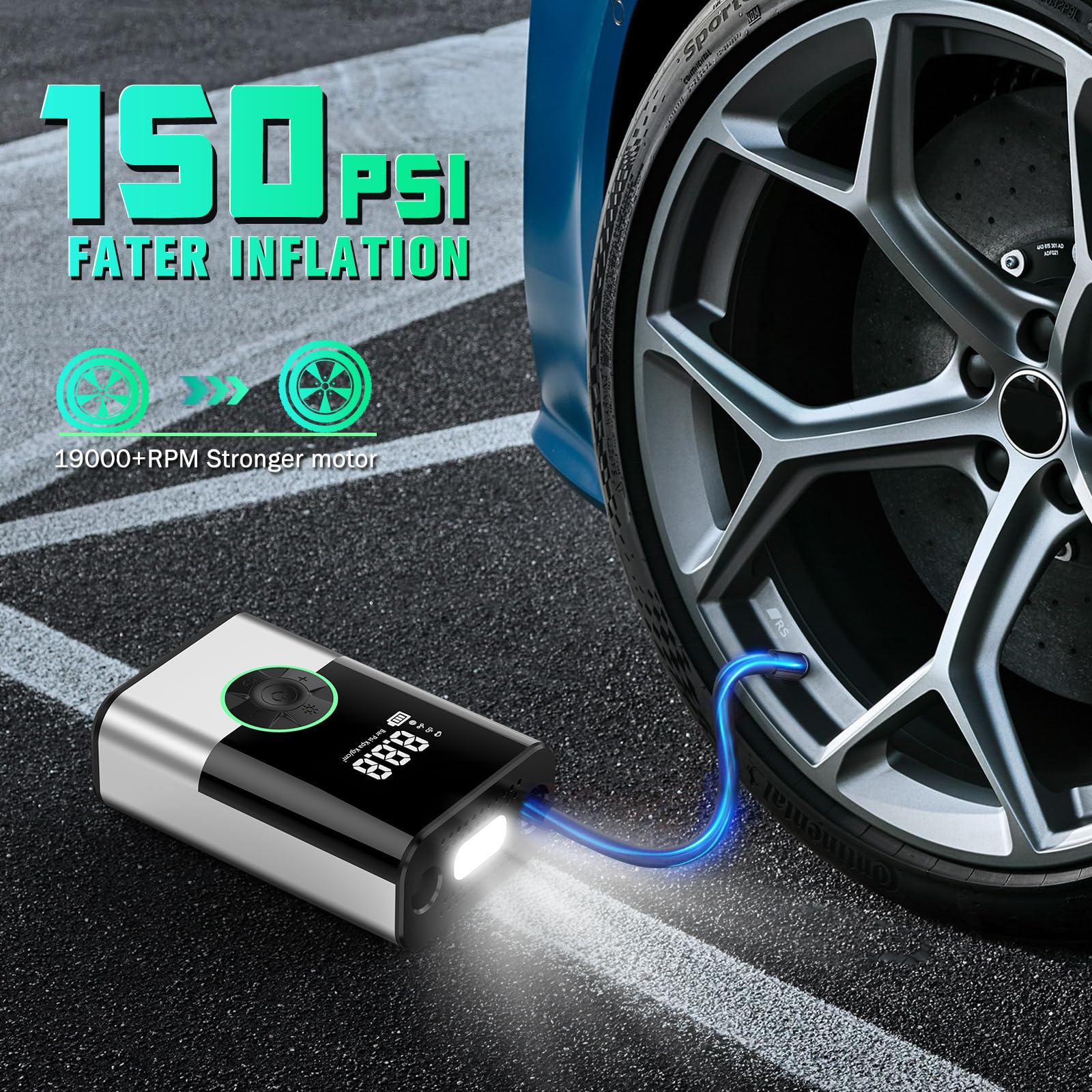 6000mAh Tragbare Elektronische Luftpumpe,150PSI Fahrradpumpe Elektrisch, Akku Kabelloser Tragbarer Luftkompressor Portable Electric Air Compressor, Pumpe für Auto,-Tiefschwarz