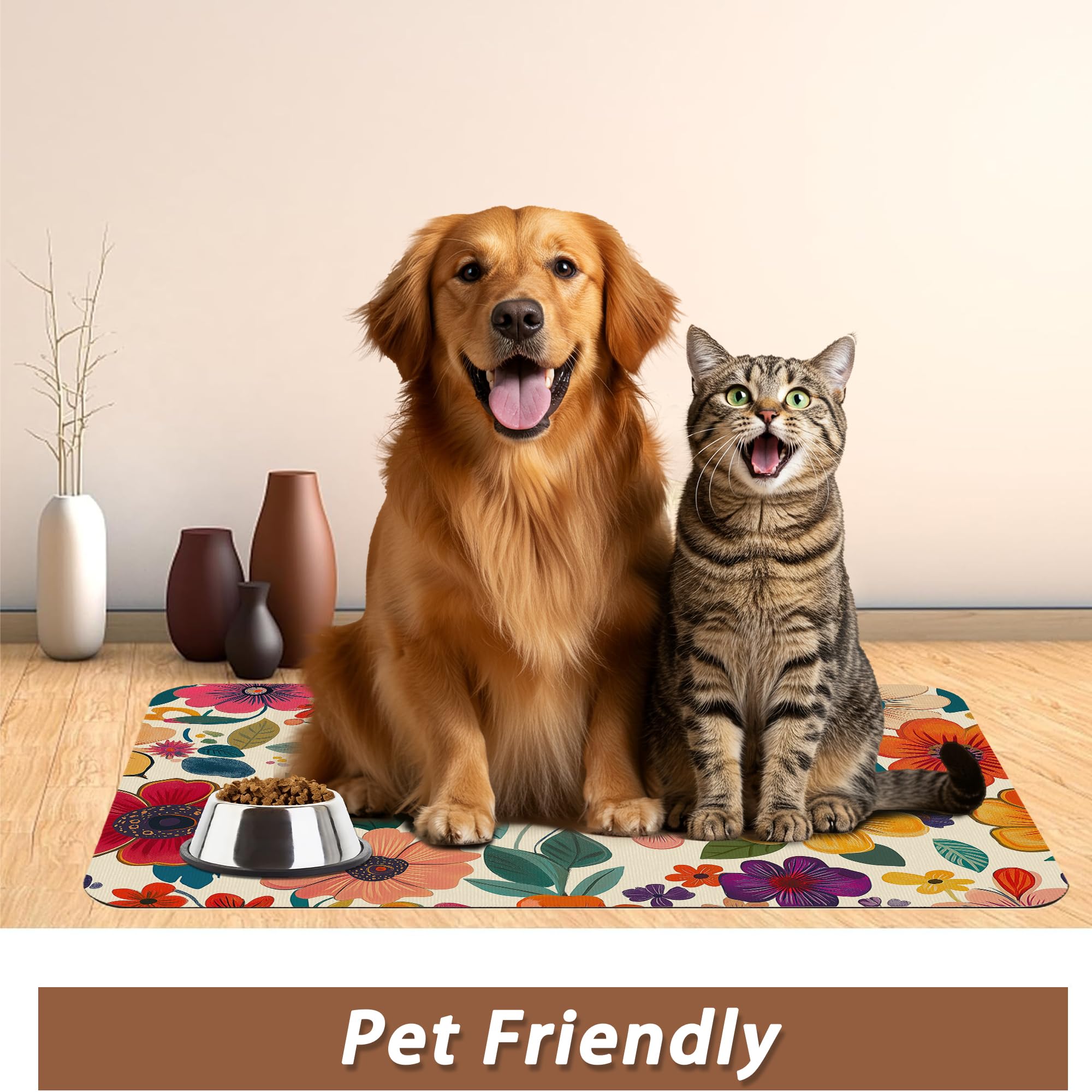 Tappetino per cibo per cani con motivo floreale, per pavimenti, assorbente, ad asciugatura rapida, tappetino per cibo e acqua, antiscivolo, accessori per animali domestici, 40,6 x 61 cm