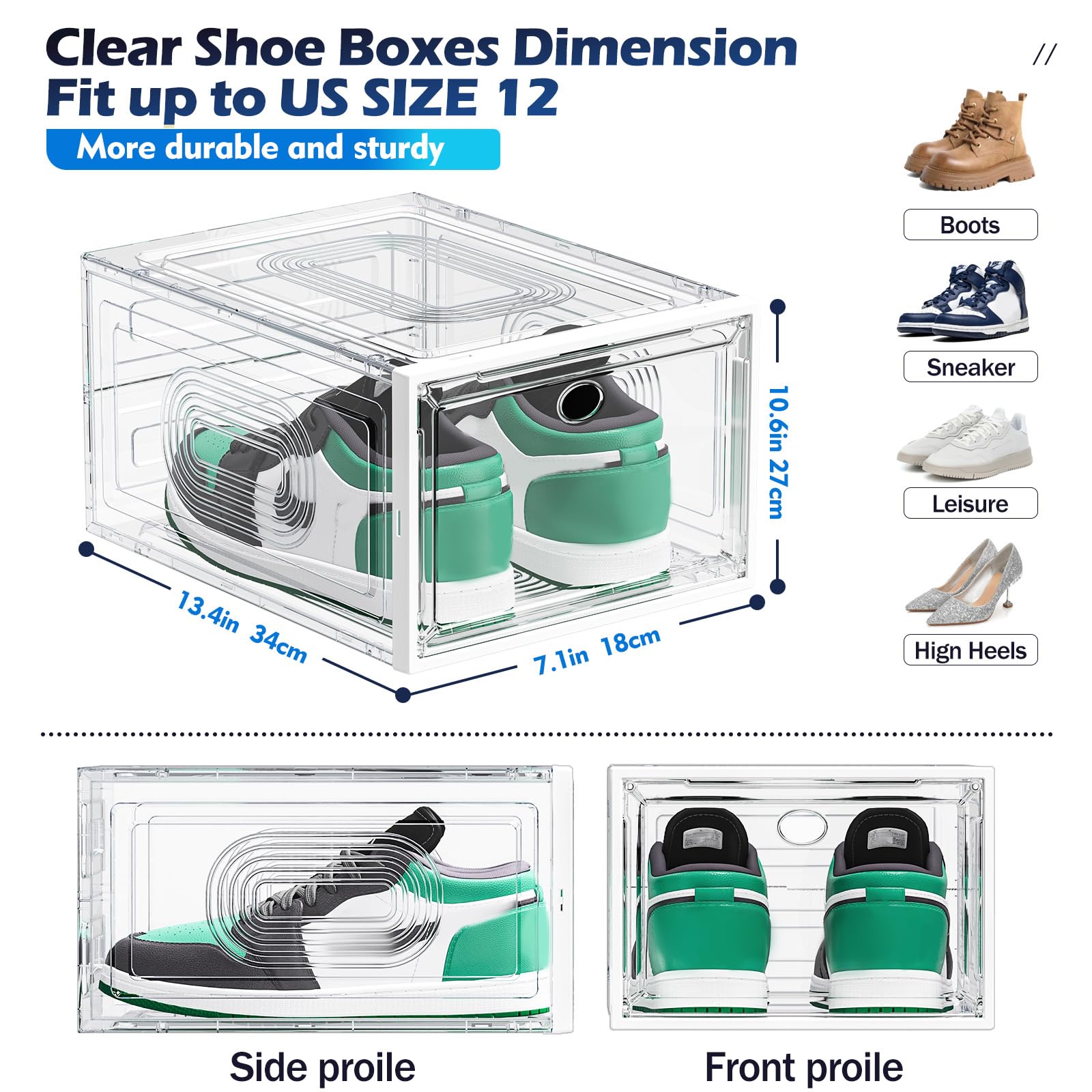 8 Pack Thicken & Clear Shoe Boxes Organizer with Magnetic Door, Stackable Storage Boxes for Shoes, Boot, Sneaker - Harder Plastic Shoe Storage Stackable Shoe Boxes for Closet Shoes Wall, White