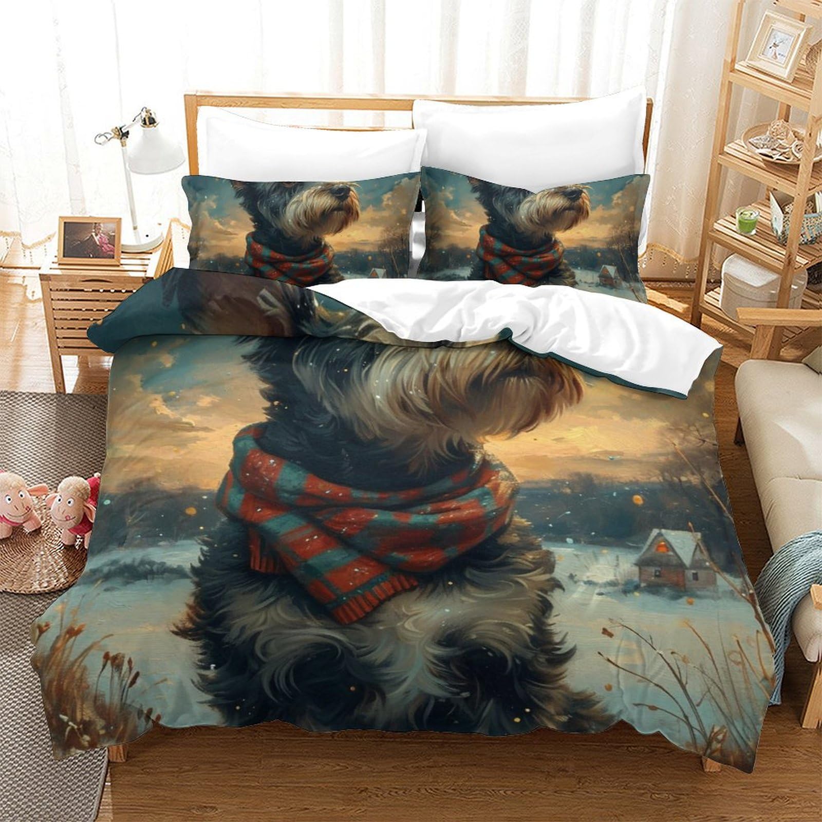 Housses de couettes 3 pièces Yorkshire Terrier lit double 200x200cm avec taies d'oreiller microfibre