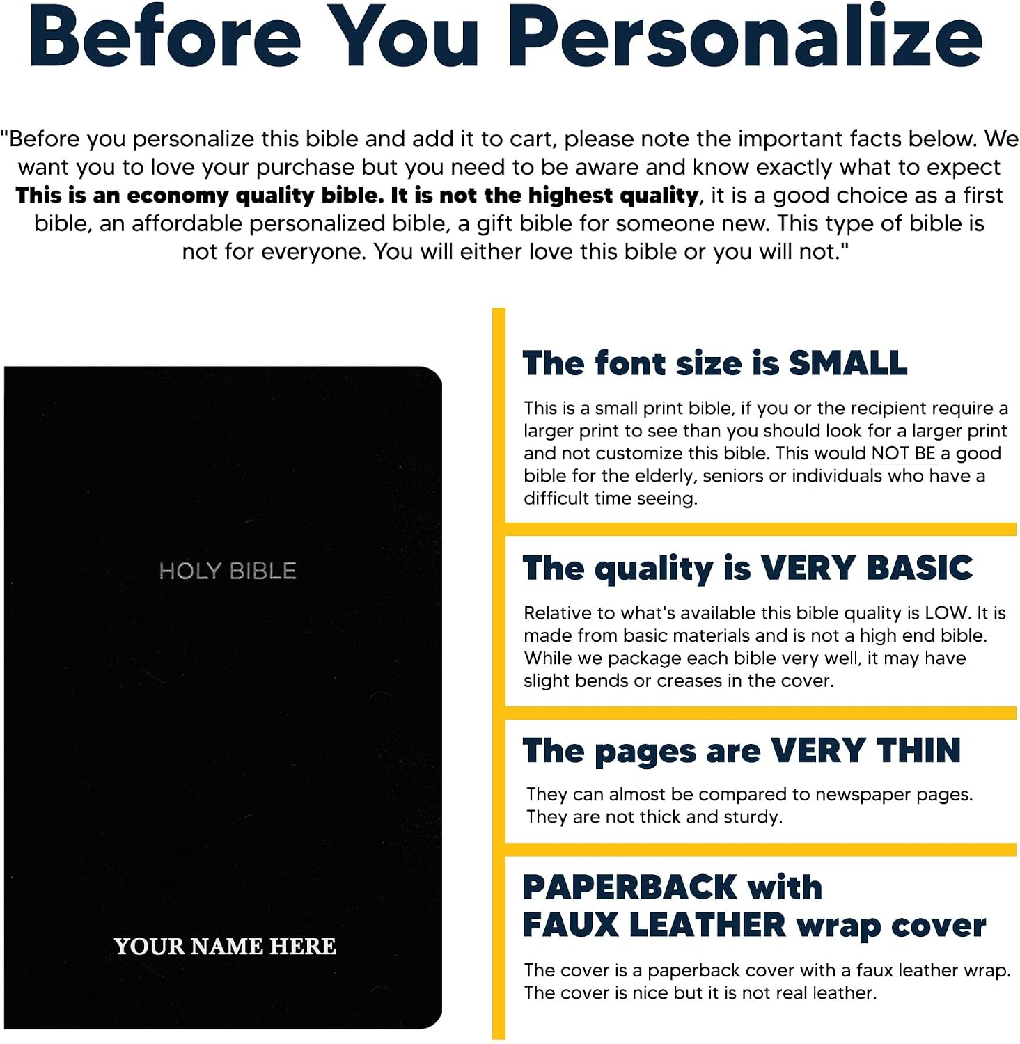 MerchSalad Personalized NKJV Bible New King James Version Faux Leather Holy with Custom Name Includes Up to 3 Rows of Text, Gift for Christian & Religious Celebrations (Black)