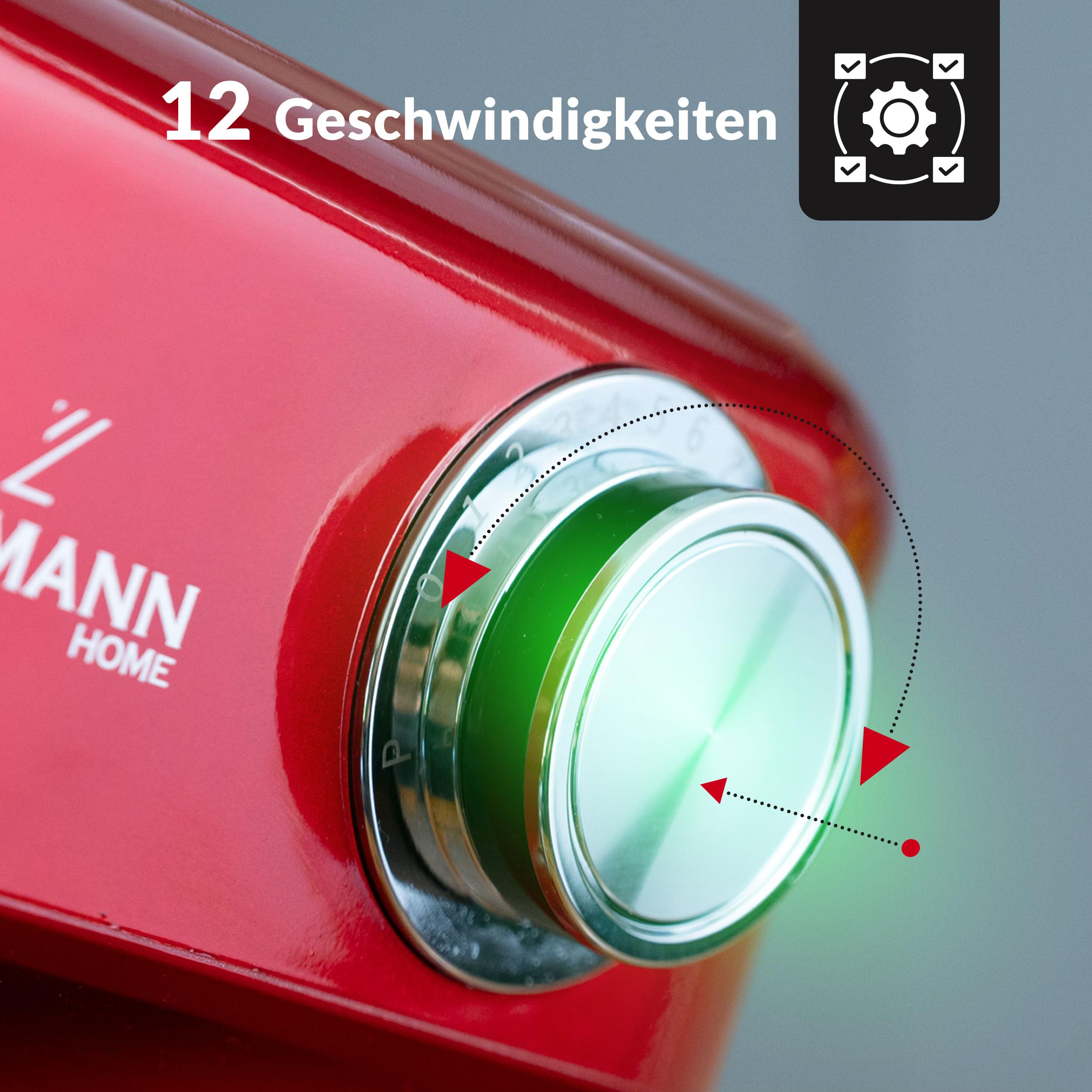 LEHMANN Küchenmaschine mit Zubehör-Set, 1500W, Rührmaschine mit 12 Geschwindigkeiten, 5L Rührschüssel, Überhitzungsschutz, Rutschfest, Knetmaschine mit 3 Rühreinsätze und Spritzschutz, Rot
