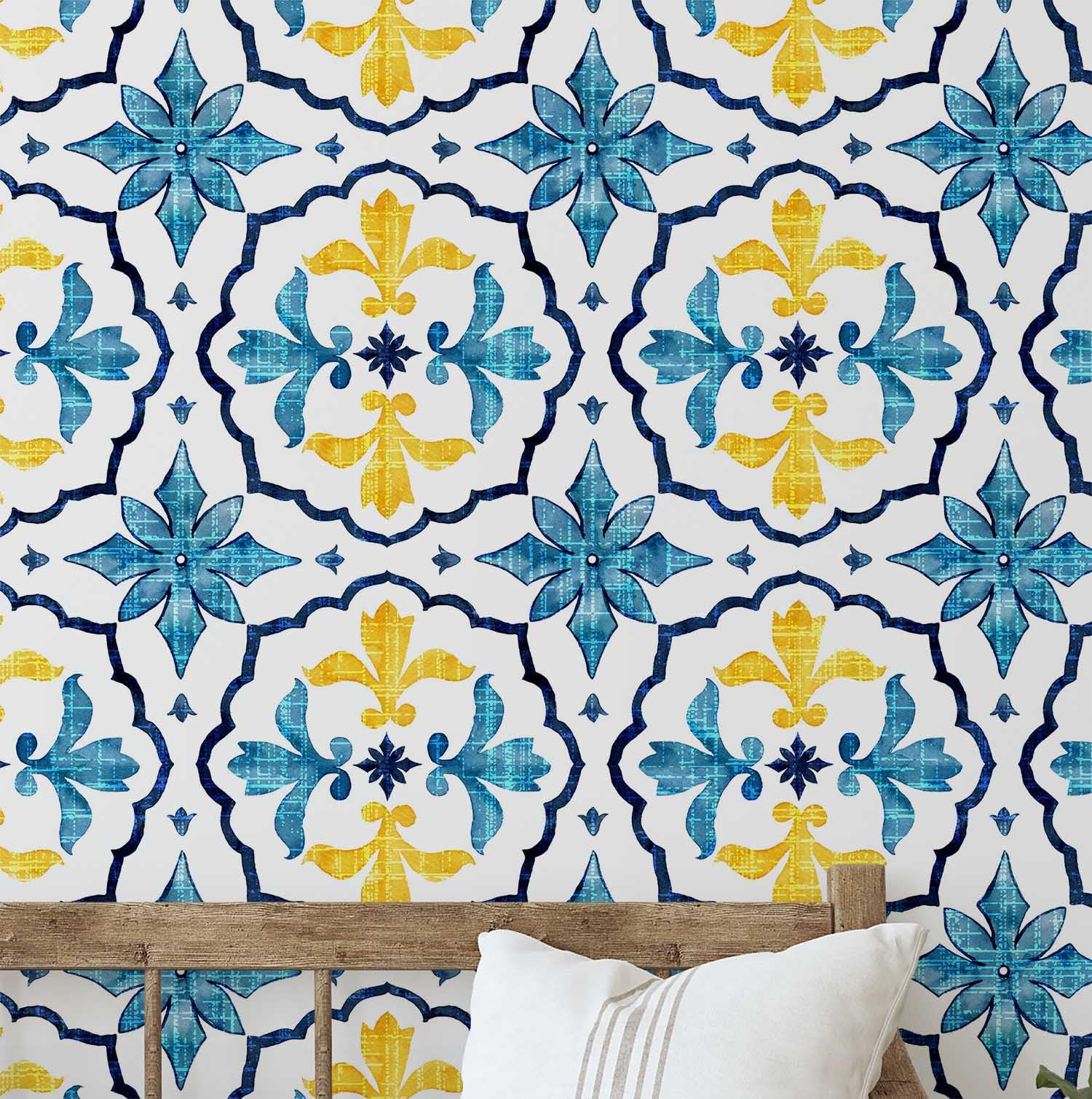 Papier peint autocollant pour crédence de cuisine et entrée motif carreaux bleu S4Sassy