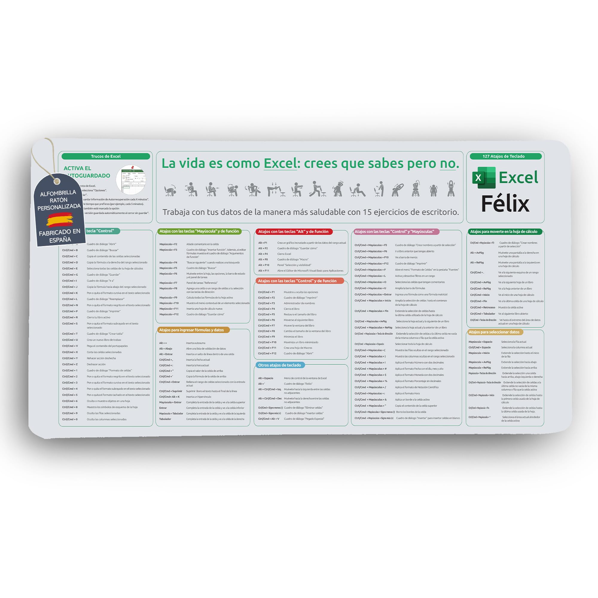 Alfombrilla Raton Excel Personalizado Nombre Alfombrilla Ordenador Atajos Excel Español. Pad Mouse XL. Almohadilla Excel Español. Mouse Pad Personalizado. Tapete Escritorio XL 60x35cm 2mm