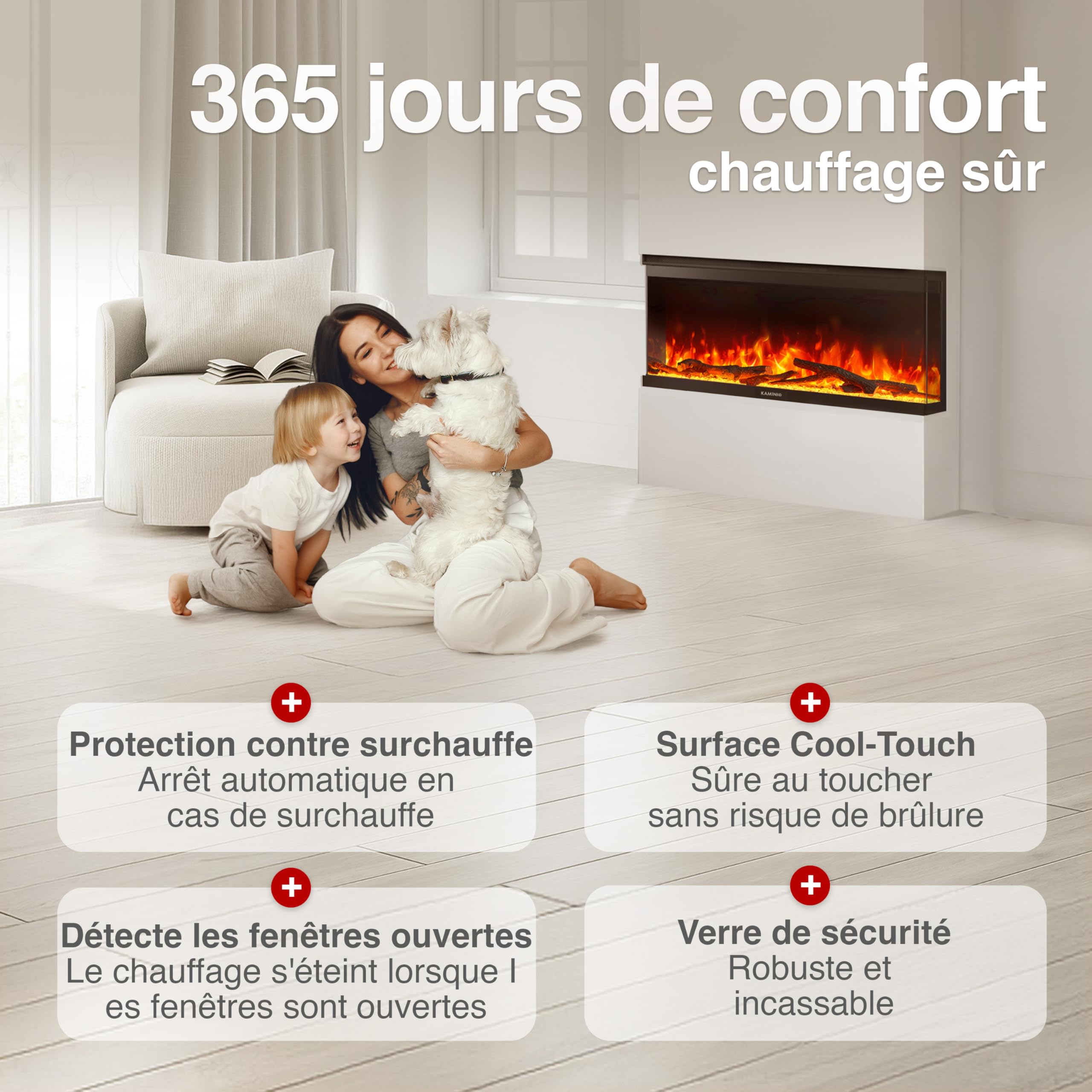 KAMINIO Cheminée Electrique Lea - Cheminée Électrique 3-en-1 avec Vue panoramique, Chauffage, Effet de Flamme, 12 Couleurs de Flammes, télécommande (36 Pouces)