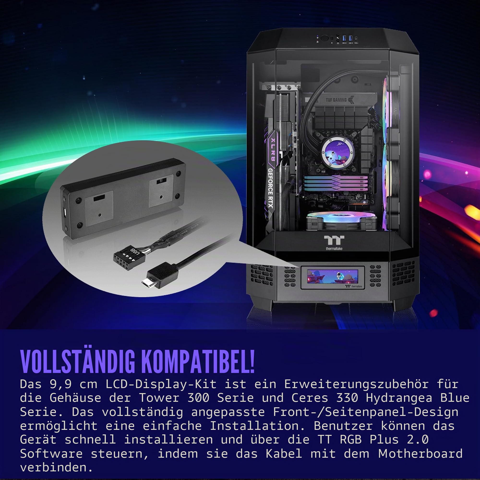 Thermaltake Tower 300 Series LCD Panel Kit; 3,9 Zoll LCD Display; unterstützt durch Tt RGB Plus 2.0 Software; AC-073-OO1NAN-A1; 3 Jahre Garantie