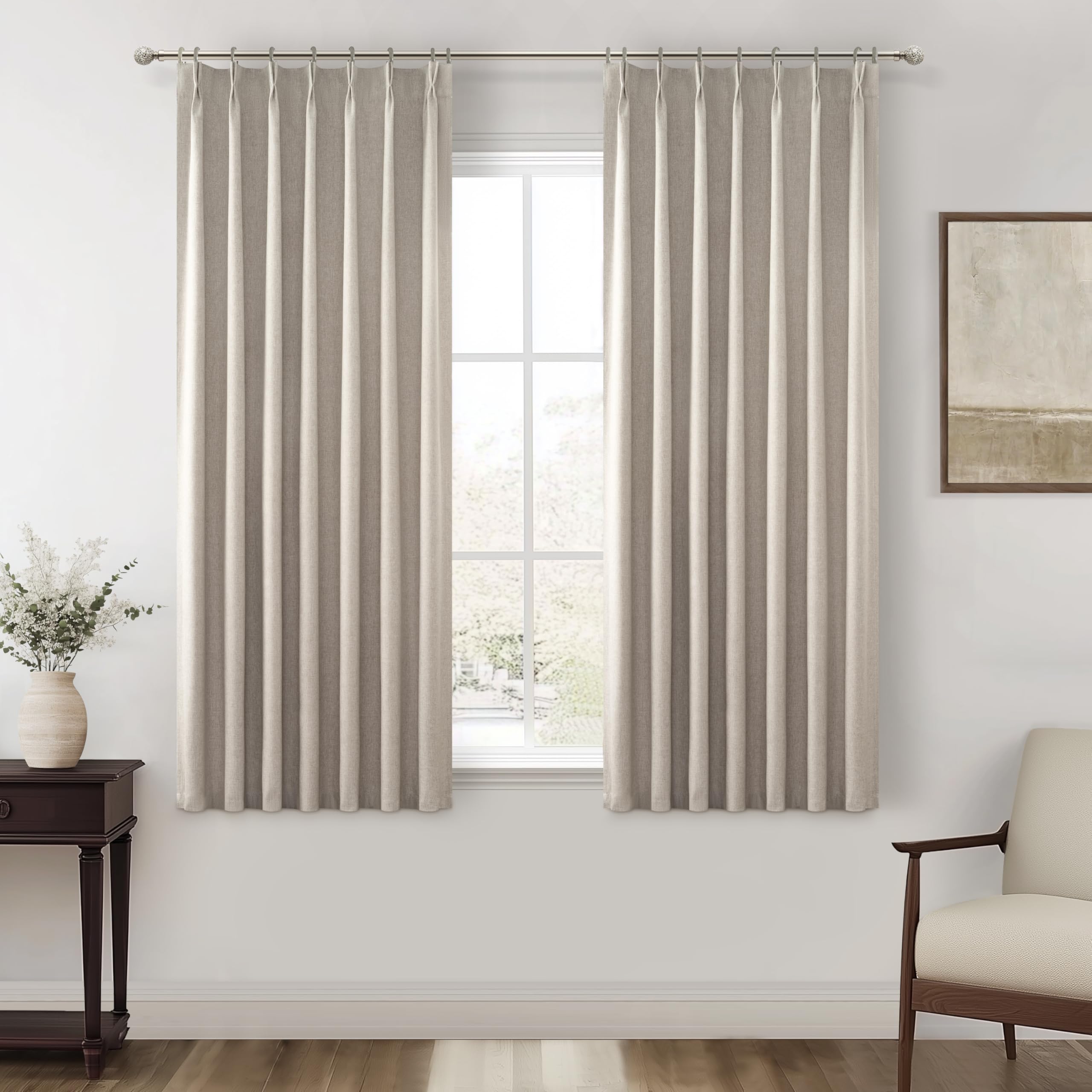 GreyFlax Black Out 54 Inches Long Boho Small Curtains 2 Panels Set, Farmhouse Short Curtain for Bedroom/Bathroom/Kitchen Thermal Insulated Flax Linen Pinch Pleated Bay Window Drapes (40"Wx54"L) — image 1