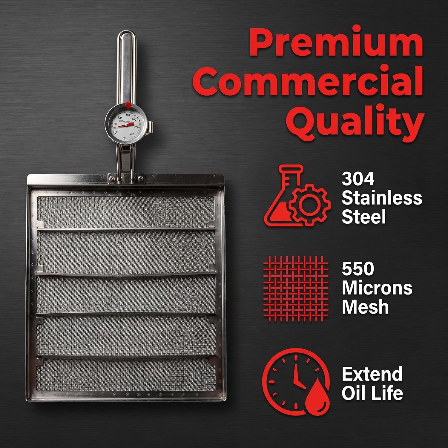 Commercial Deep Fryer Filter AF45, 13.75" x 13.75" 304 Stainless Steel with Thermometer, 550 Micron Skimmer Fryer Strainer for Kitchens & Restaurants, Extend Oil Life by 40%