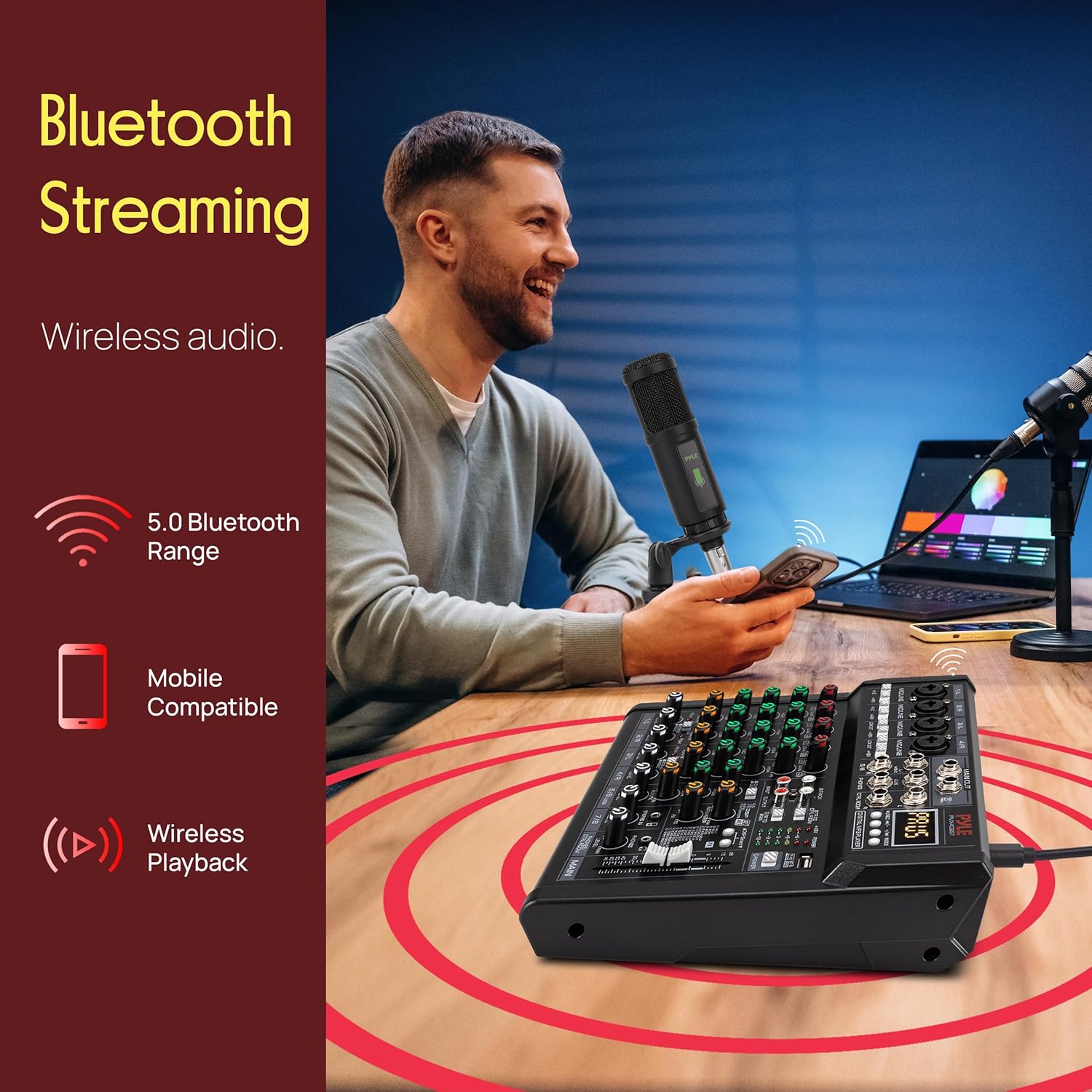 Pyle 8 Channel Studio Mixer - Small Footprint, USB - PC Recording, Bluetooth In, MP3 Player, DSP Effects, +48V Phantom Power, XLR Combo Inputs, Control Room Out, Smooth Dials and Faders - PMX408ST